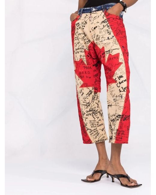DSquared² Red Maple Leaf Graffiti-Print Cropped Jeans