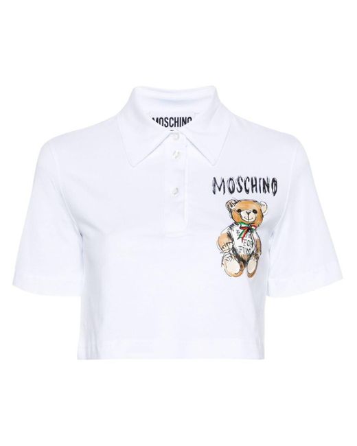 Moschino White Teddy Bear-print Cropped Polo Shirt