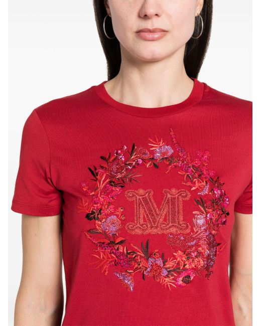 Max Mara Red Crystal-embellished Cotton T-shirt