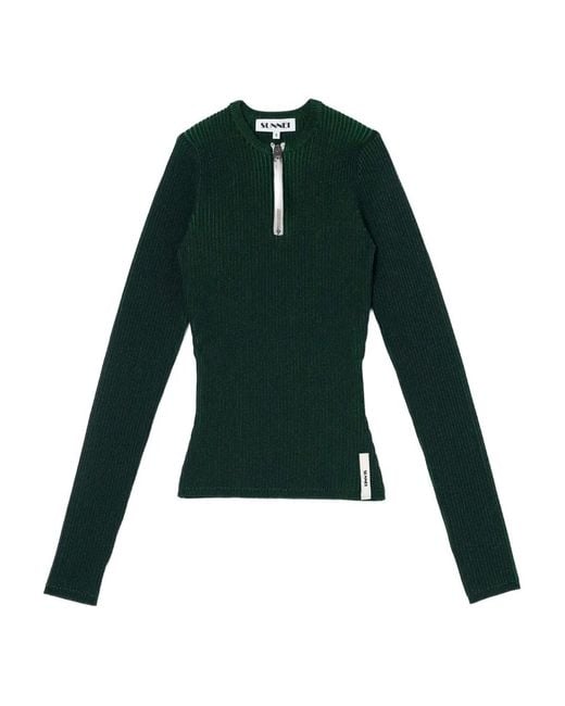 Sunnei Green Zip-Detail Round-Neck Sweater