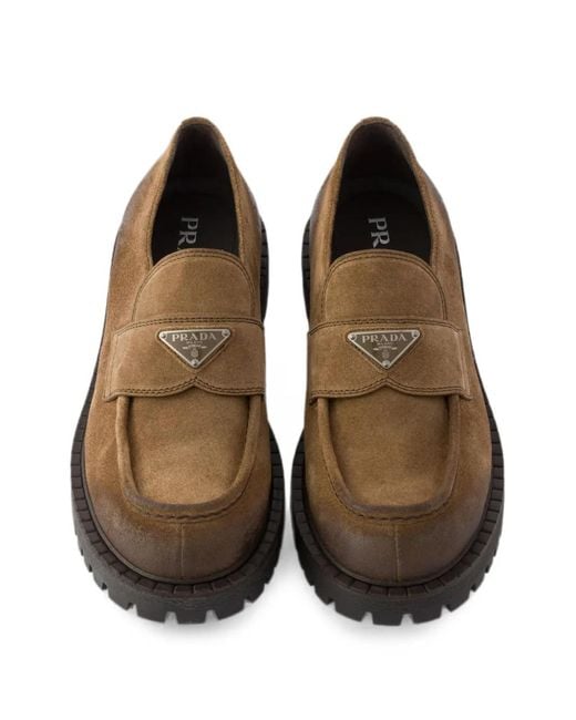 Prada Brown Aged Suede Loafers for men