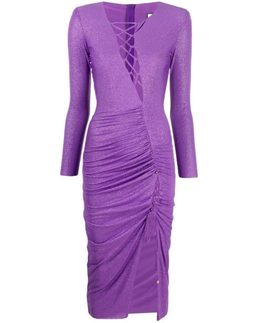 Nissa Purple Glitter-detail Ruched Midi Dress
