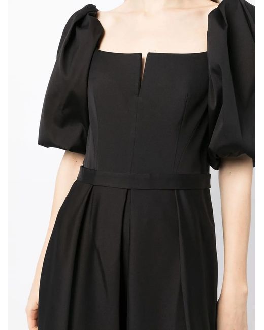 Alberta Ferretti Black Pleat-Detail Puff-Sleeves Gown