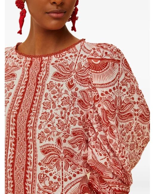 Farm Rio Red Puff-Sleeve Patterned Top