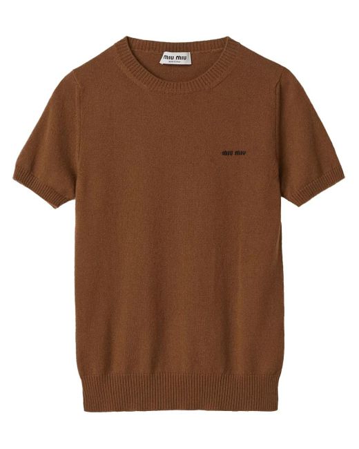 Miu Miu Brown Logo-Intarsia Cashmere Top