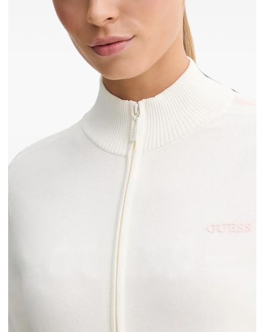 Guess White Logo-Embroidered Stripe-Detail Zip-Up Sweater