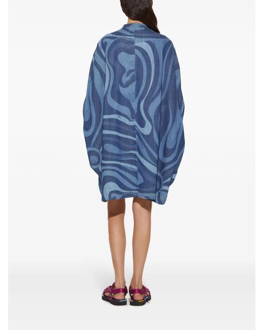 Emilio Pucci Blue Marmo-Print Denim Kaftan Dress