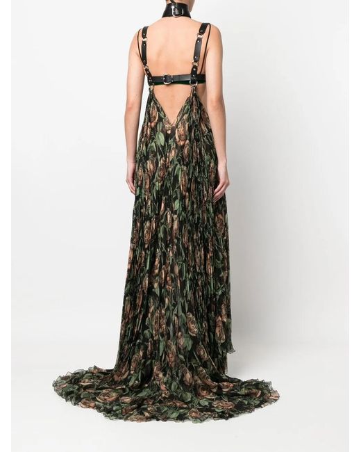 Roberto Cavalli Black Patterned Pleated Maxi Dress