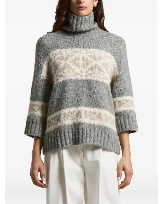 Peserico Gray Fairisle-Pattern Turtleneck Sweater