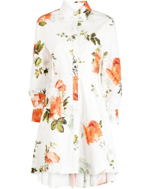 Erdem White Floral-Print Cotton Mini Shirtdress