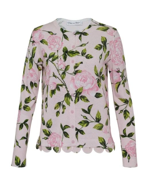 Oscar de la Renta White Rose-Print Scallop-Hem Cardigan