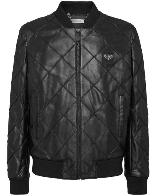 Philipp Plein Black Quilted Leather Bomber Jacket for men