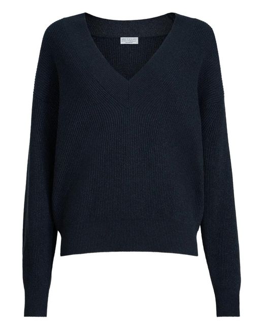 Brunello Cucinelli Blue Sparkling-Detail Ribbed V-Neck Sweater