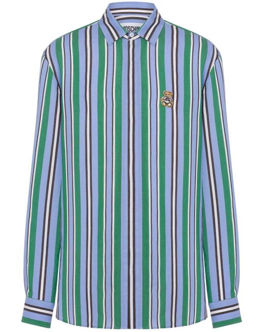 Moschino Blue Teddy Bear-appliqué Striped Shirt for men