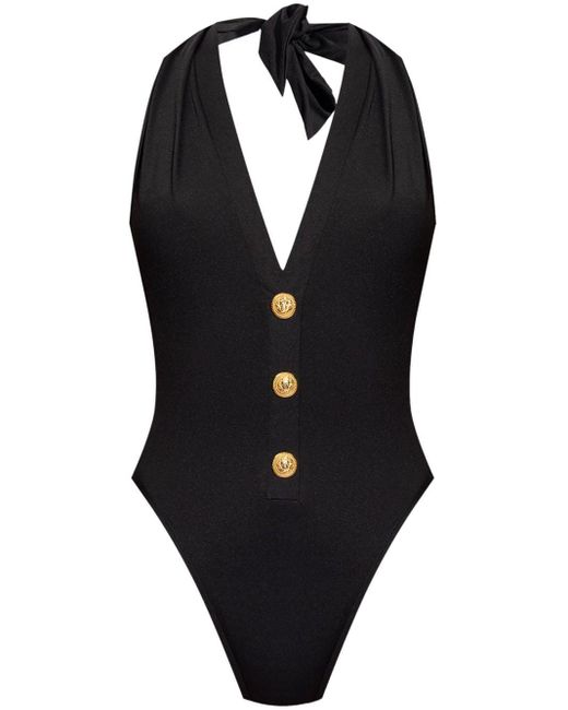 Balmain Black V-Ausschnitt-Badeanzug mit Knopfdetail