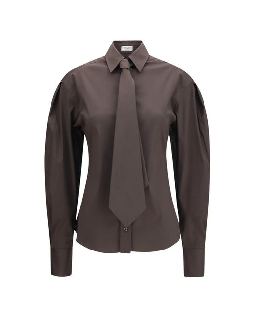 Brunello Cucinelli Brown Tie-Detail Puffed-Sleeve Shirt