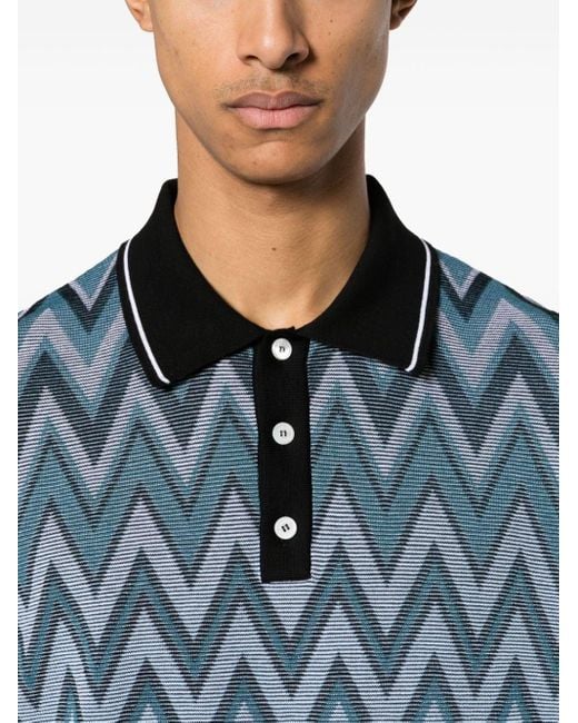 Missoni Blue Zigzag-woven Knitted Polo Shirt for men