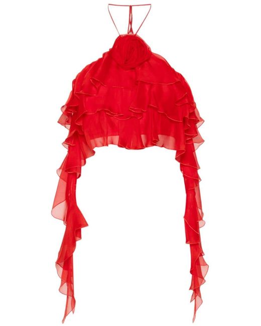 Blumarine Red Ruffled Silk Crop Top - Women's - Silk