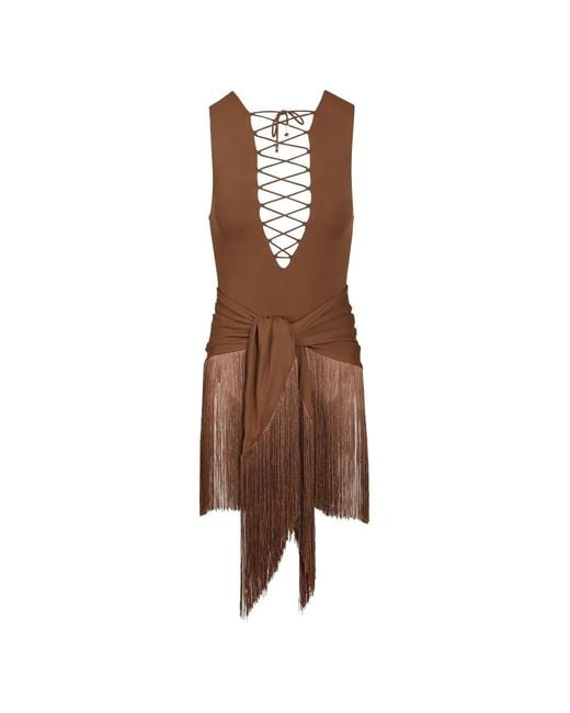 Taller Marmo Brown Sahara Lace-Up Fringed Swimsuit