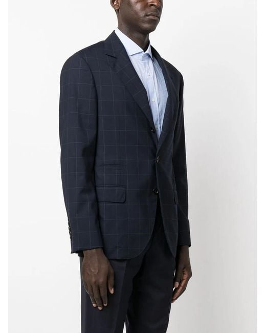 Brunello Cucinelli Blue Single-Breasted Checked Tailored Blazer for men