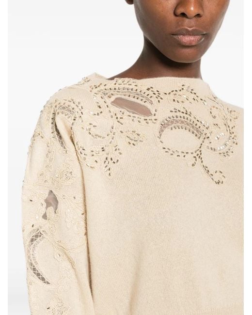 Ermanno Scervino Natural Sequin-Embellished Lace-Insert Cashmere Sweater