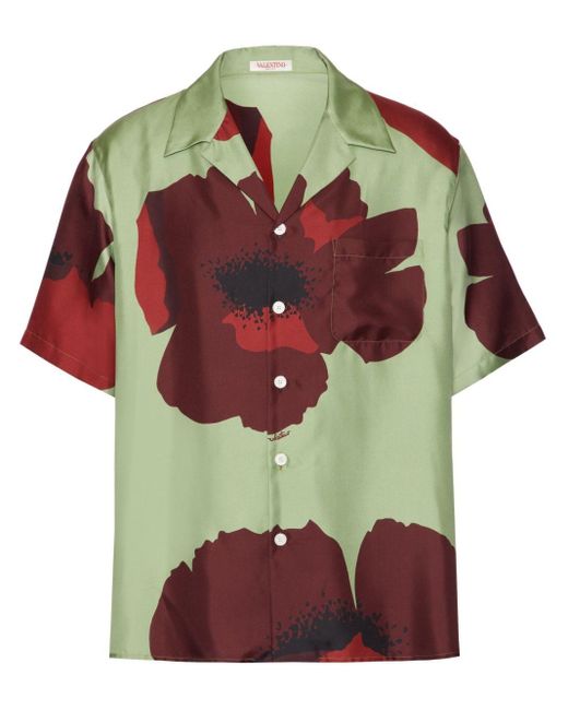 Valentino Garavani Red Flower Portrait-print Bowling Shirt for men