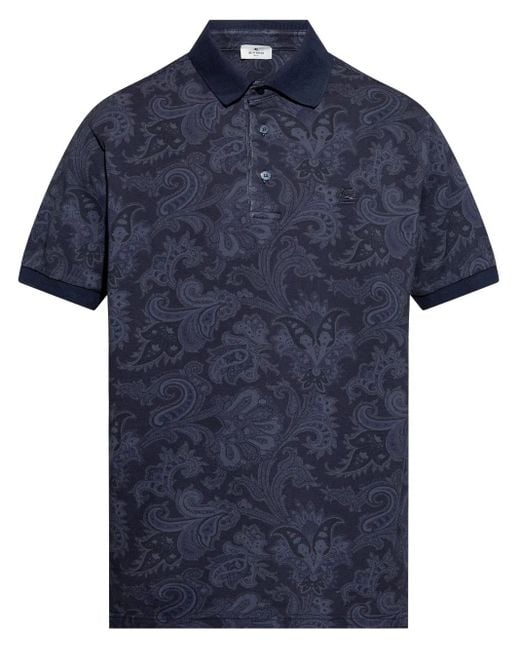 Etro Blue Cotton Polo With Decorative Pattern for men