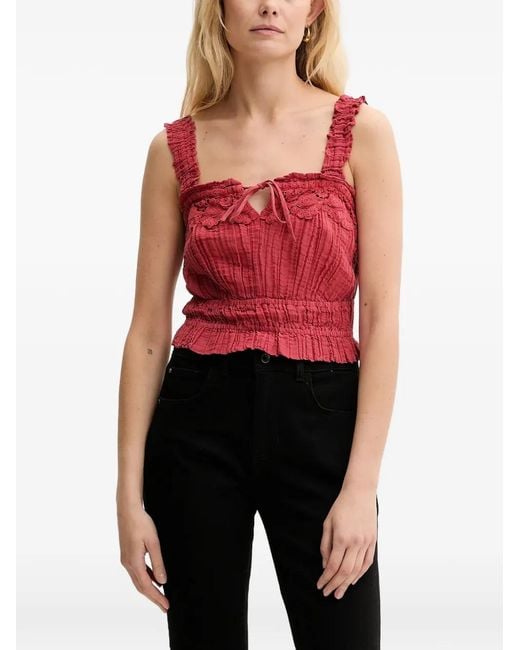 Guess Red Reya Smocked Broderie-Anglaise Top