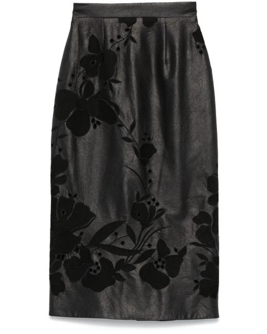 Elie Saab Black Embroidered Faux-Leather Maxi Skirt