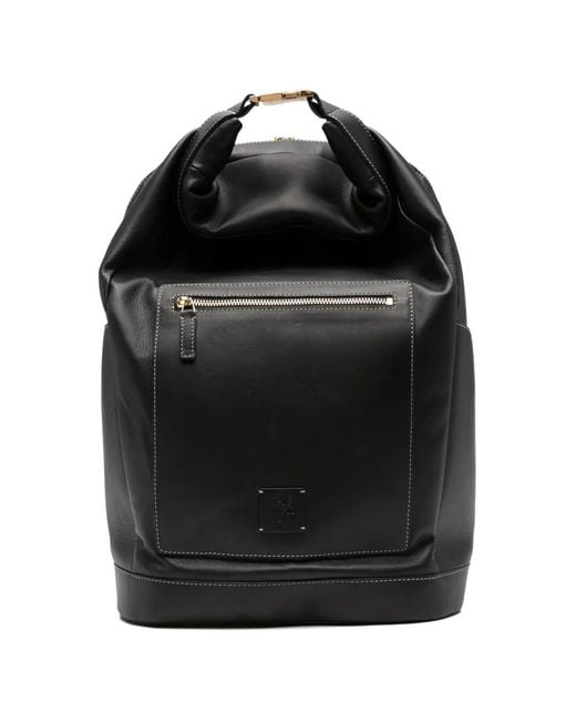 Eleventy Black Contrast-Stitch Leather Backpack for men