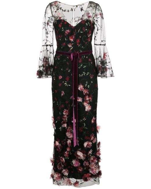 Marchesa notte Black 3/4 Sleeve V-neck 3d Floral Dress