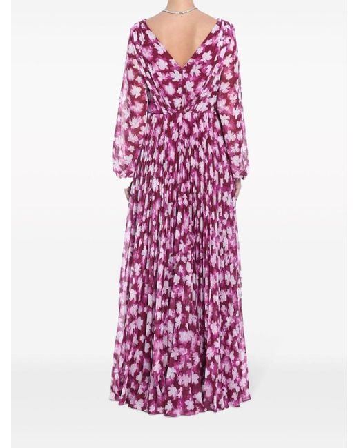 Monique Lhuillier Purple Floral-print Pleated Maxi Dress