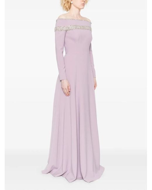 Dina Melwani Purple Embellished Off-Shoulder Dress