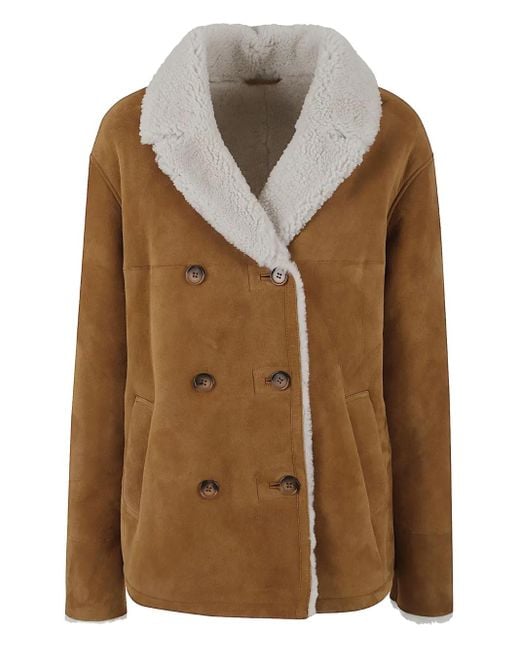 Enes Brown Double-Breasted Shearling-Collar Coat