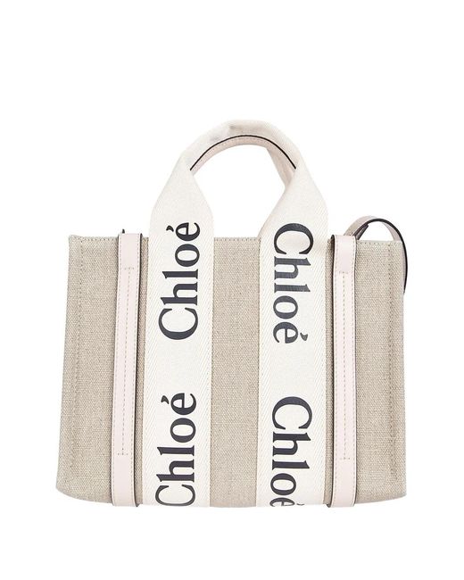 Chloé White Small Woody Logo-Tape Tote Bag