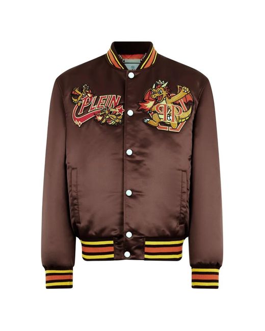 Philipp Plein Brown Satin Bomber Plein Dragon Stones for men