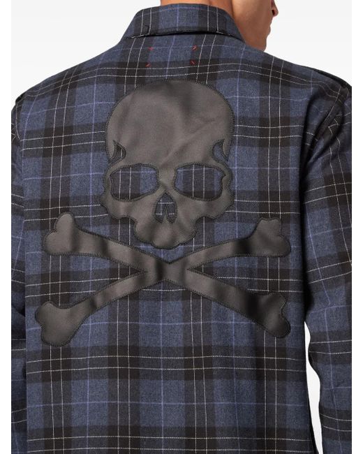 Philipp Plein Blue Skull&Bones-Print Cotton Shirt for men