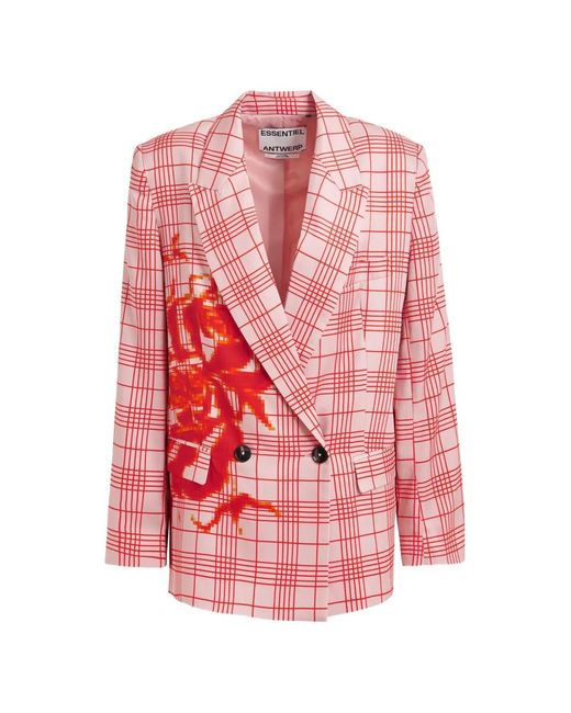 Essentiel Antwerp Pink Juliana Checked-Print Double-Breasted Blazer