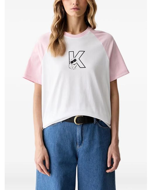 Karl Lagerfeld White Raglan-Sleeve Logo-Print T-Shirt