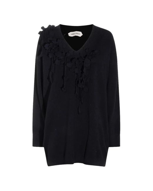 Alberta Ferretti Black Floral-Appliqué V-Neck Mini Dress