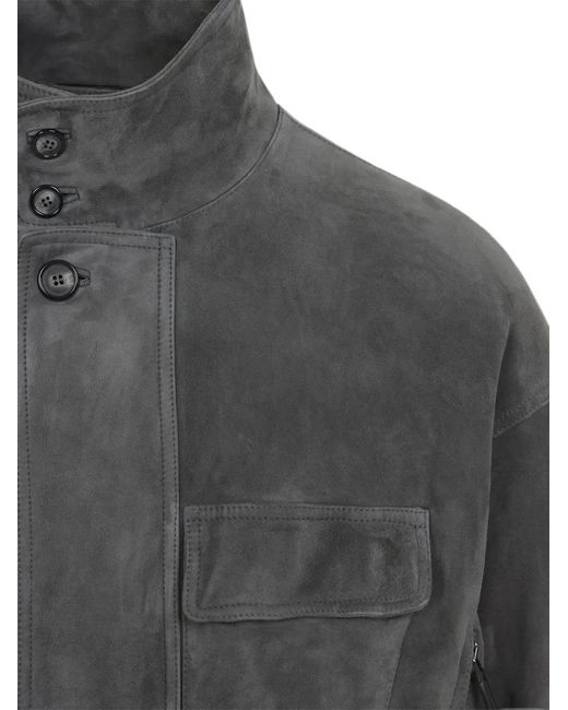 Giorgio Armani Gray Suede-Finish Button-Up Leather Jacket for men