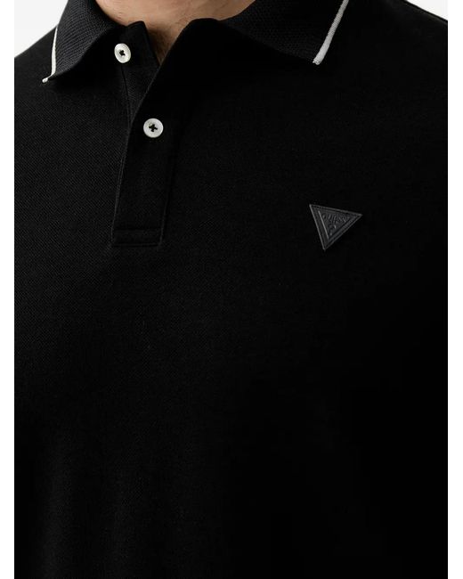 Guess Black Logo-Patch Tipped-Collar Polo Shirt for men