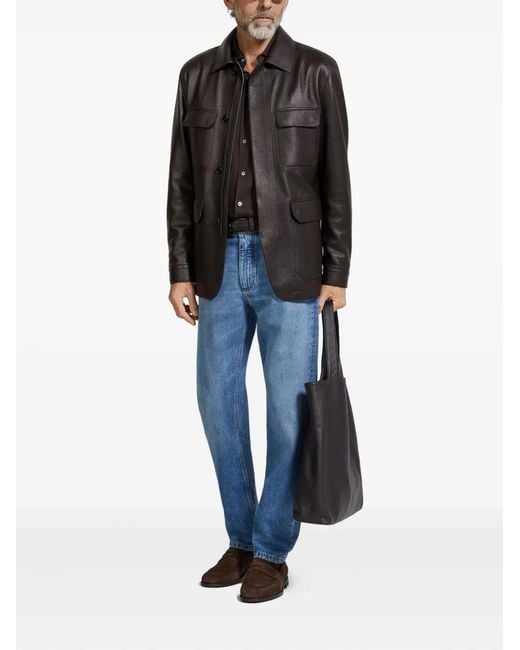 Zegna Black Leather Flap-Pockets Jacket for men