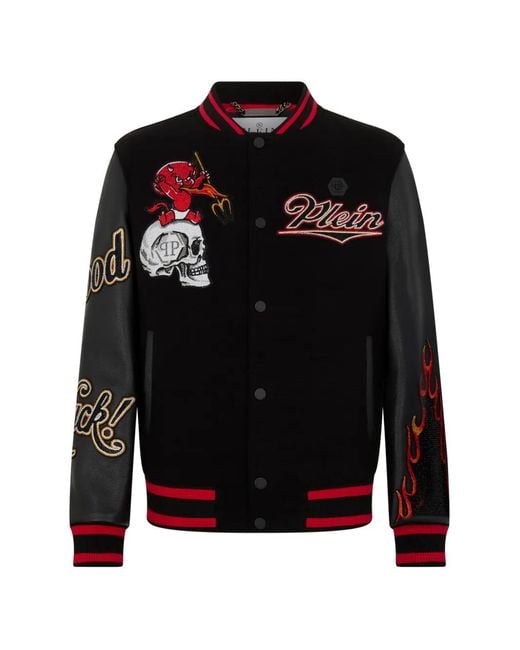 Philipp Plein Black Leather-Sleeve Skull-Detail Bomber Jacket for men