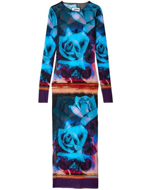 Jean Paul Gaultier Blue Floral-print Mesh Maxi Dress