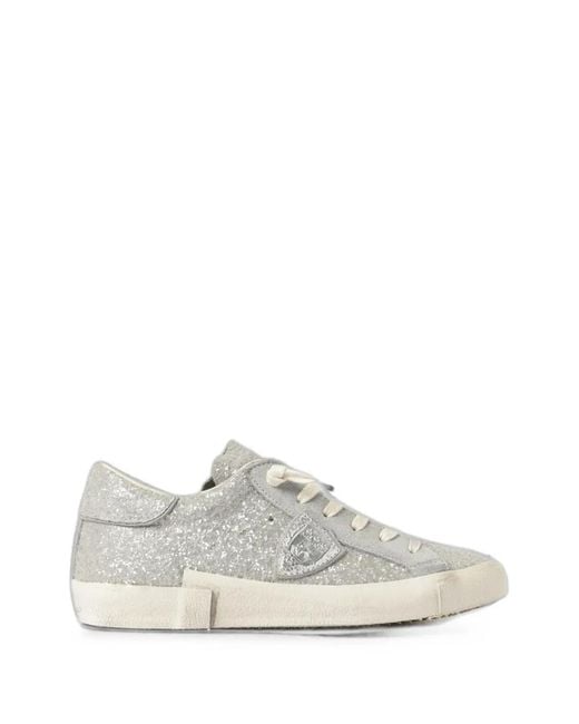 Philippe Model White Glitter-Effect Panelled Sneakers