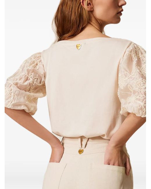 Twinset Natural Blouse With Embroidered Sleeves