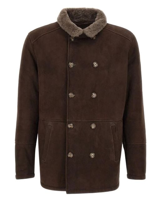 Barba Napoli Doppelreihiger Mantel mit Shearling-Kragen in Brown für Herren