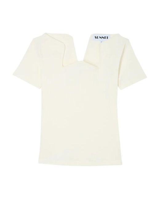 Sunnei White Geripptes T-Shirt mit V-Ausschnitt