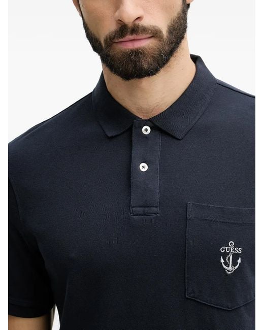 Guess Blue Logo-Embroidered Chest-Pocket Polo Shirt for men